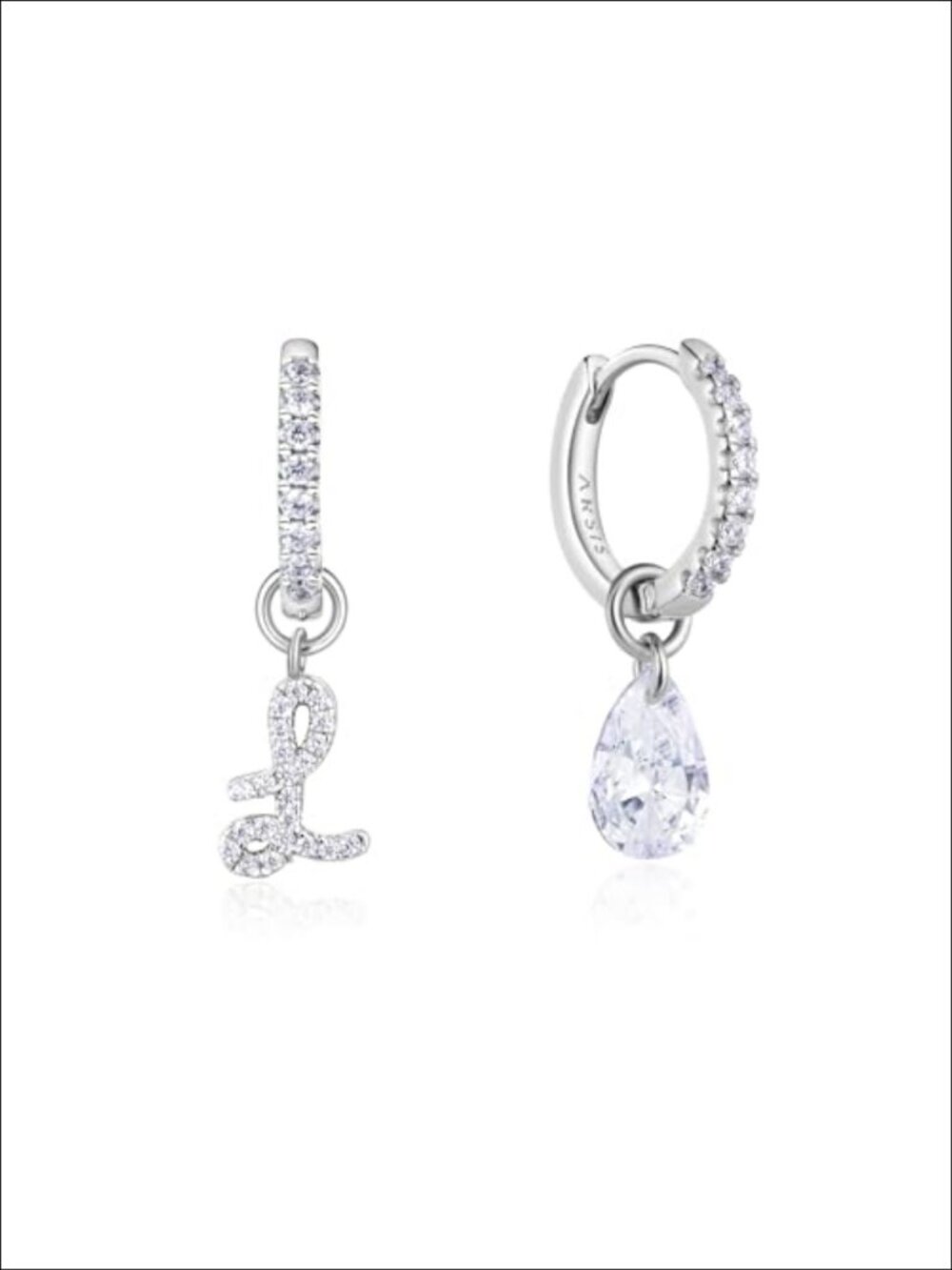 925 Sterling Silver Initial Earrings White Gold Plated CZ Huggie Hoop Women